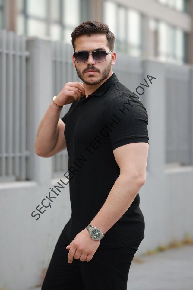 Erkek Yakalı Waffle Dokulu Kısa Kollu Tişört