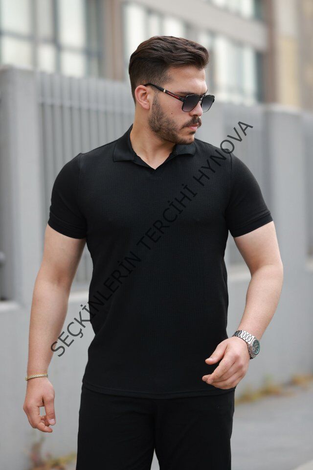 Erkek Yakalı Waffle Dokulu Kısa Kollu Tişört
