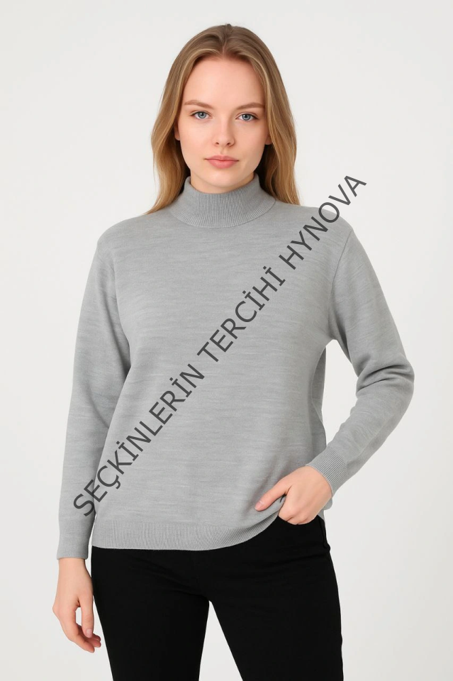 Yarım Boğaz Triko Kazak Yumuşak Dokulu Pamuklu Ince Dokuma, Uzun Kollu Rahat Regular Kalıp - Gri