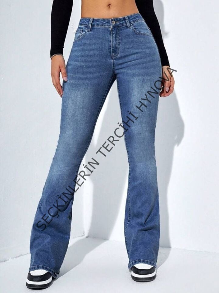 Kadın Yüksek Bel Cepli İspanyol Paçalı Kot Jeans Pantolon