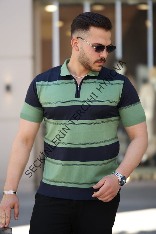 Erkek Yakalı Fermuarlı çift Renk Kısa Kollu T-shirt