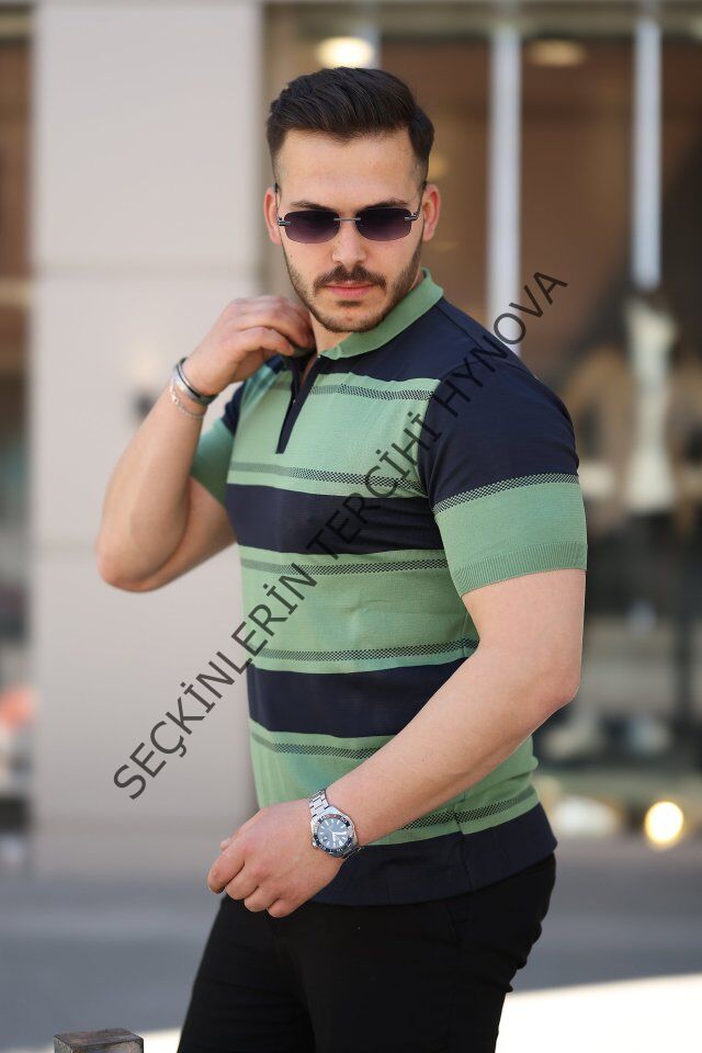 Erkek Yakalı Fermuarlı çift Renk Kısa Kollu T-shirt