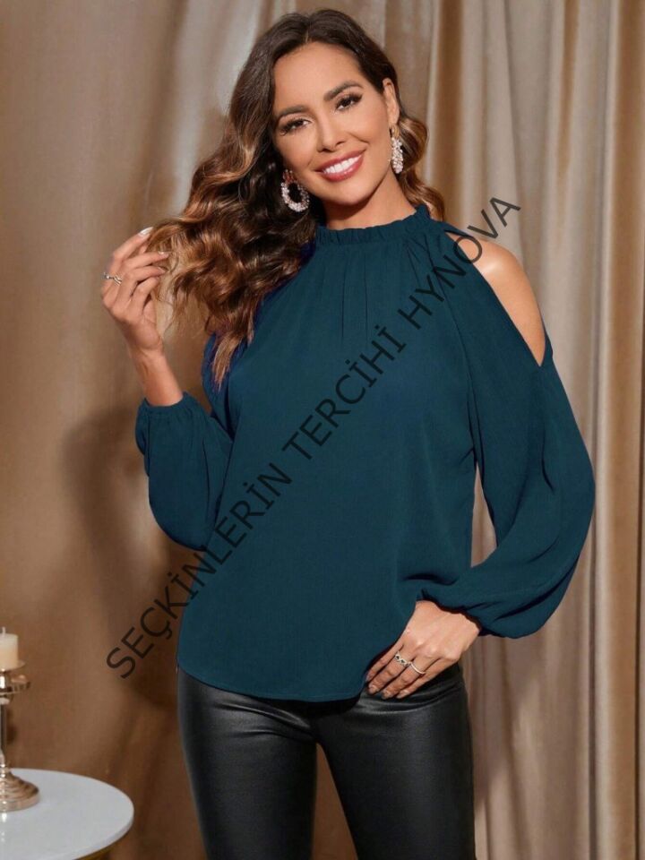 Kadın Uzun Kollu Omuzlardan Açık Sandy Bluz