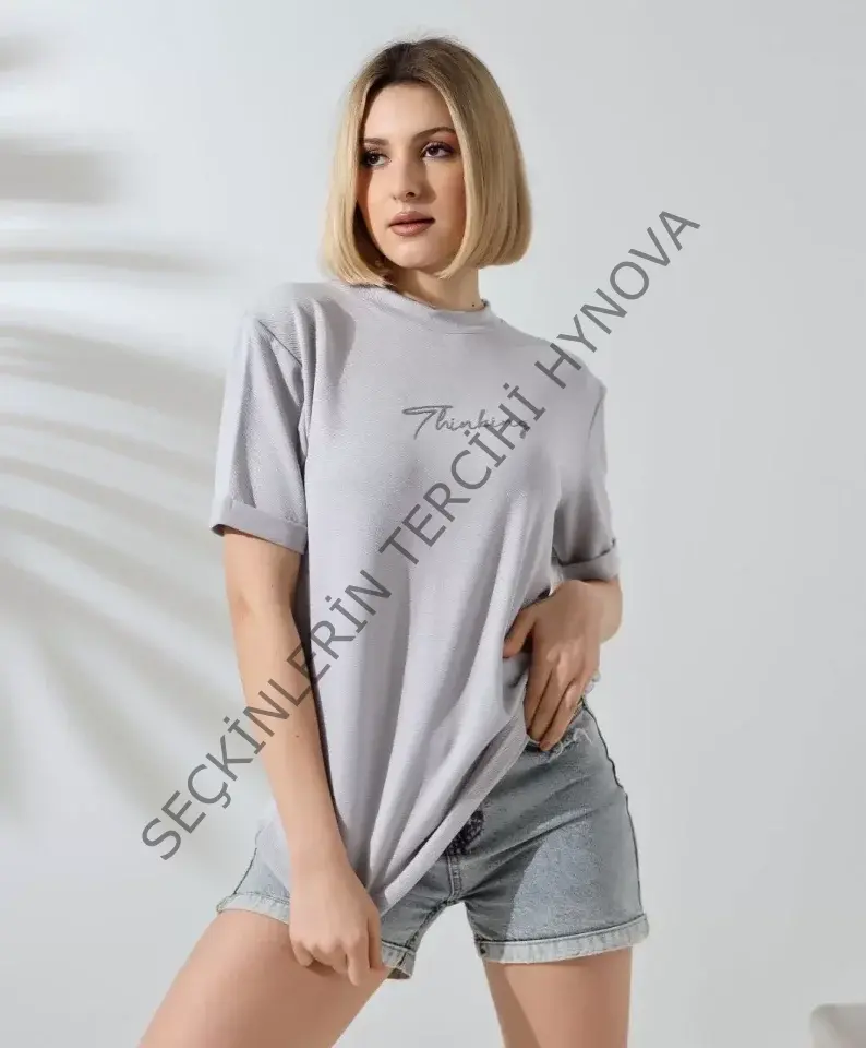 Unisex Bisiklet Yaka Baskılı Slim Fit T-Shirt - Boyalı Gri