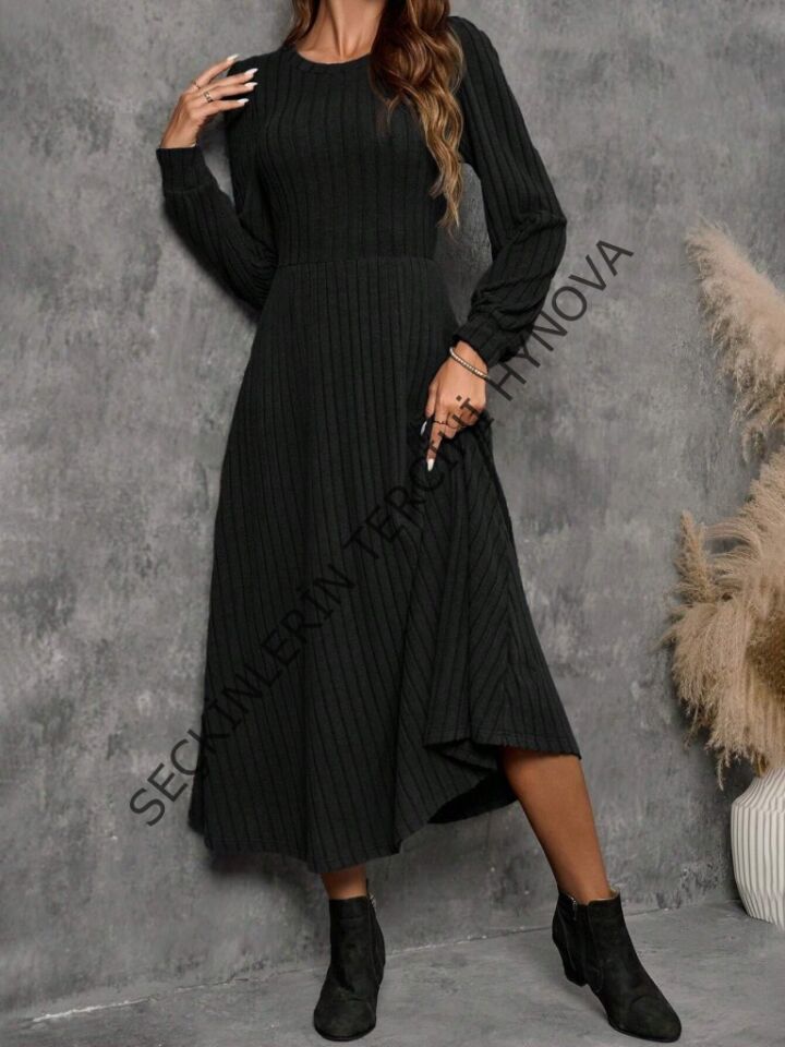 Kadın Uzun Kollu Yuvarlak Yakalı Kiloş Uzun şardonlu Kaşkorse Elbise