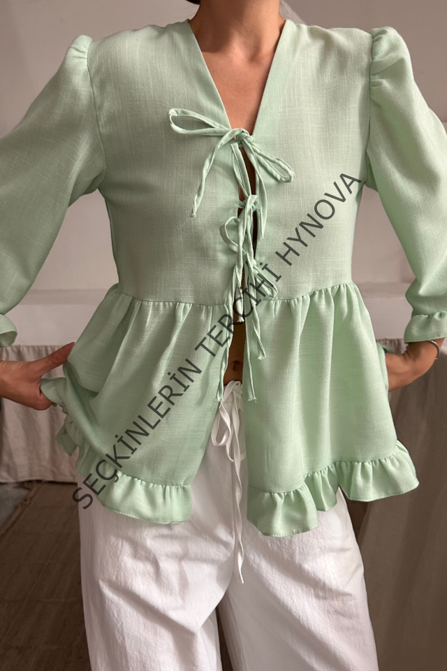 KETEN BLUZ ÖNDEN BAĞLAMALI FIRFIR DETAYLI - Yeşil