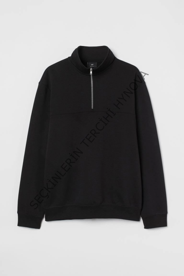 Oversize Yarım Farmuarlı Yakalı Basic SweatShirt - Siyah