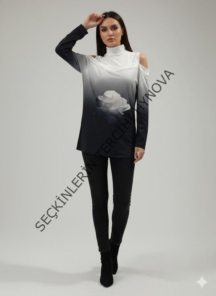 Kadın Uzun Kollu Balıkçı Yaka Omuz Dekoltesi Detaylı Bluz