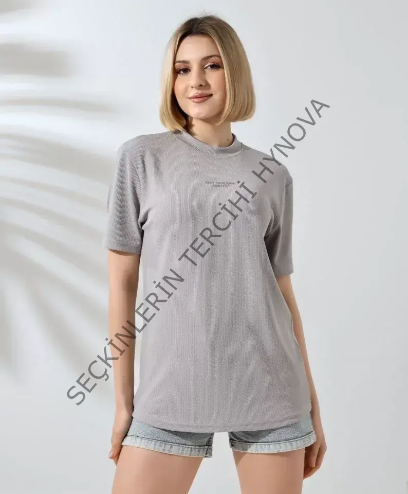 Unisex Bisiklet Yaka Baskılı Slim Fit T-Shirt - Boyalı Gri