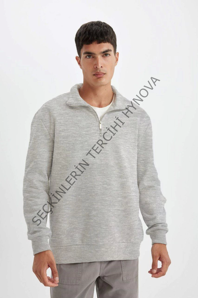 Unisex Uzun Kol Yarım Farmuarlı Yakalı Basic SweatShirt - Gri