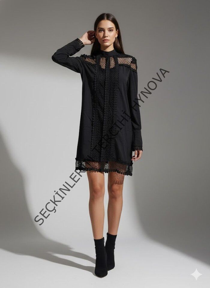 Kadın Uzun Kollu Yarım Balıkçı Yaka Transparan Detaylı Mini Elbise