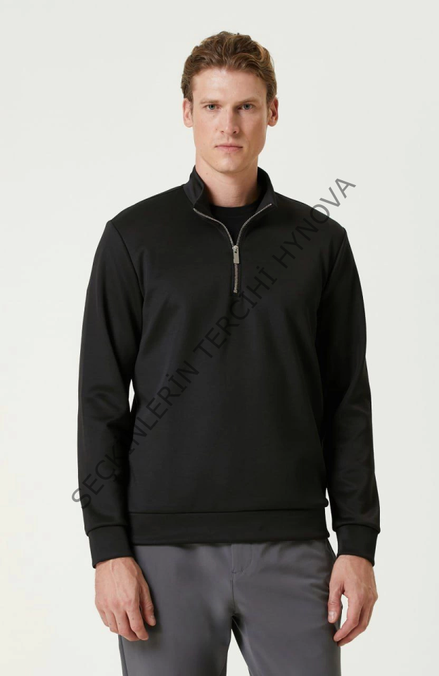 Unisex Uzun Kol Yarım Farmuarlı Yakalı Basic SweatShirt - Siyah