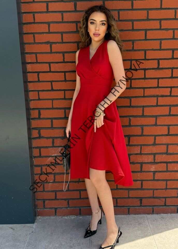 Kadın Ithal Krep Kumaş Kruvaze Yaka Eteği Kloş Kolsuz Mini Elbise