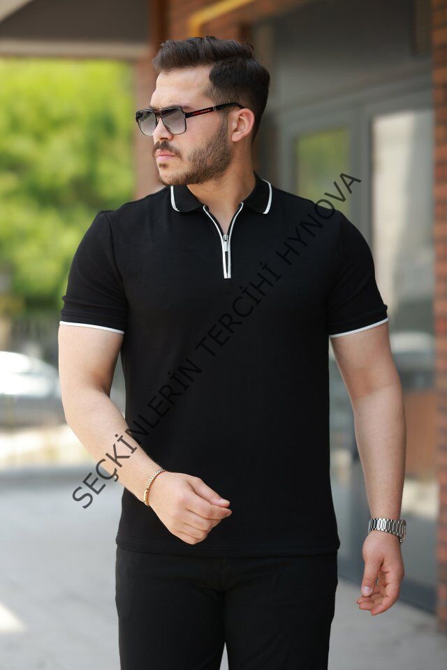 Erkek Fermuar Yakalı çizgi Detaylıkısa Kollu Tişört