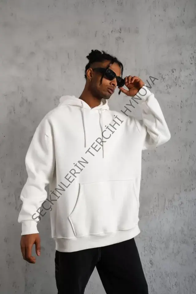 Erkek Düz Kapüşonlu Sweat - Beyaz