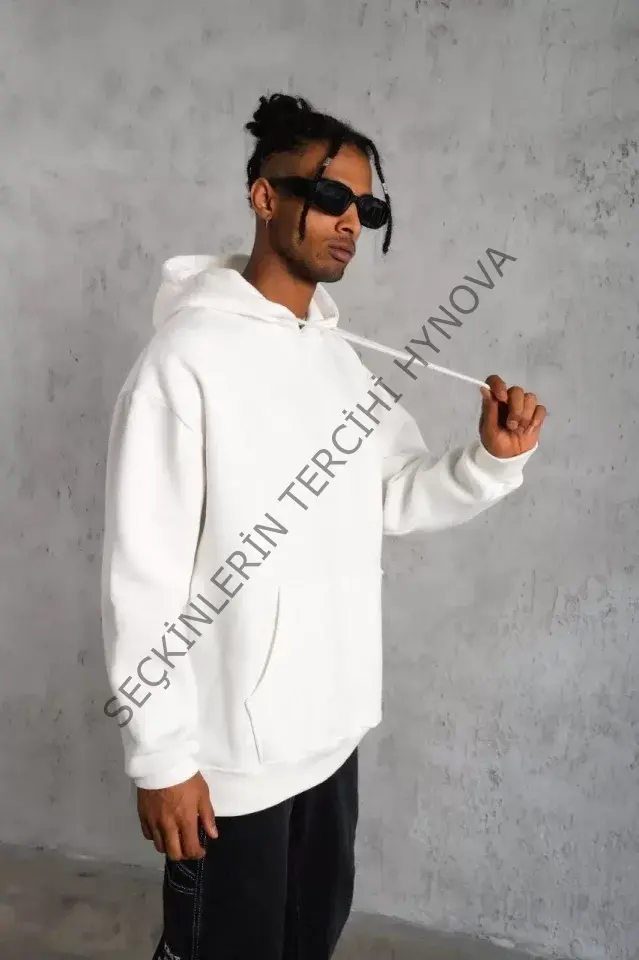 Erkek Düz Kapüşonlu Sweat - Beyaz