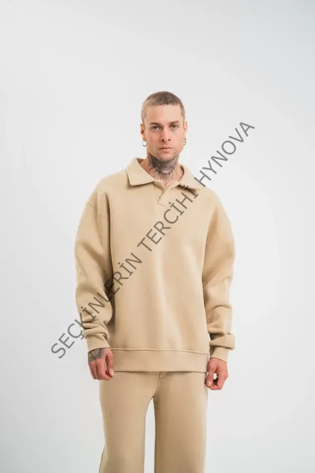 Unisex Double Oversize Patlı Yaka SweatShirt - Bej