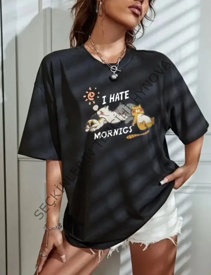 Bisiklet Yaka Baskılı Oversize T-Shirt - Siyah