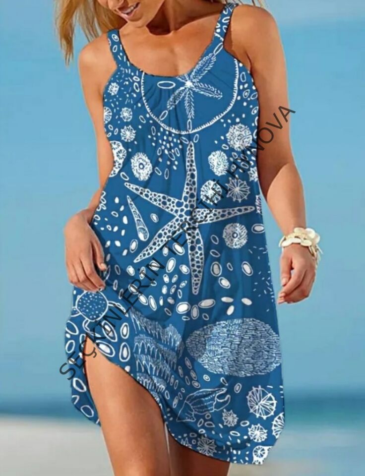 Kadın Askılı Deniz Yıldızı Desenli Süprem Elbise