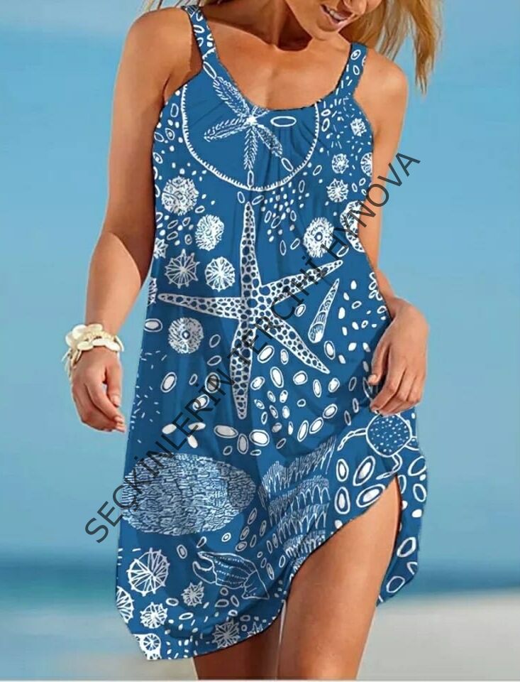 Kadın Askılı Deniz Yıldızı Desenli Süprem Elbise