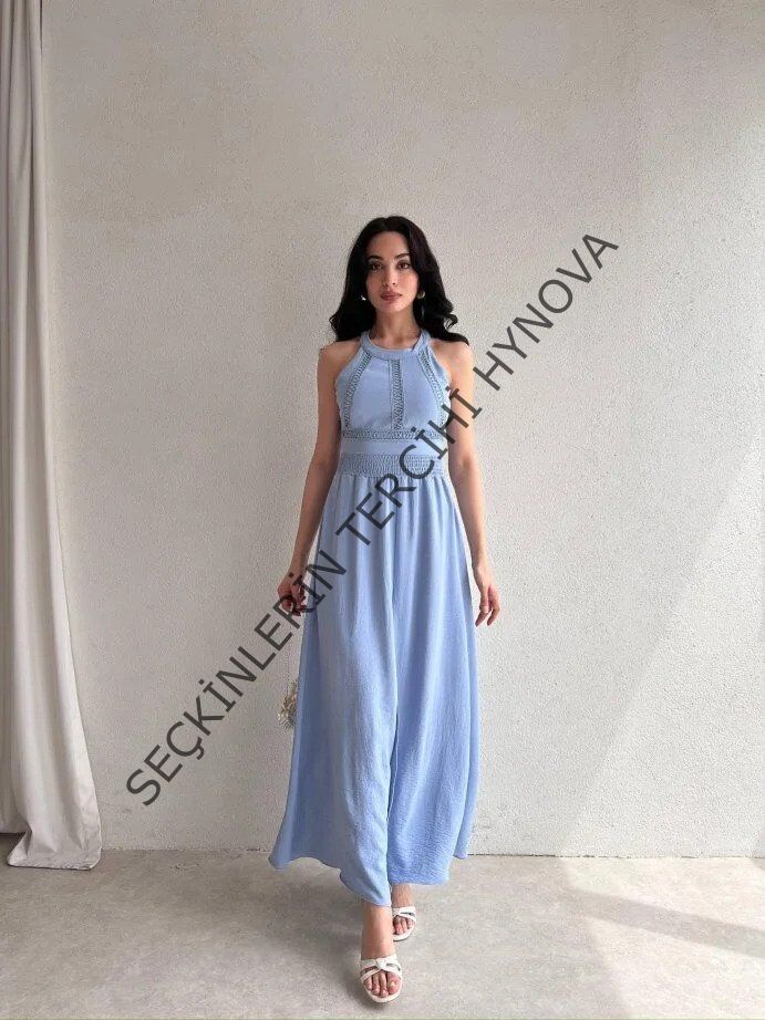 Kadın Krinkil Kumaş Beli Gipeli Halter Yaka Maxi Boy Elbise