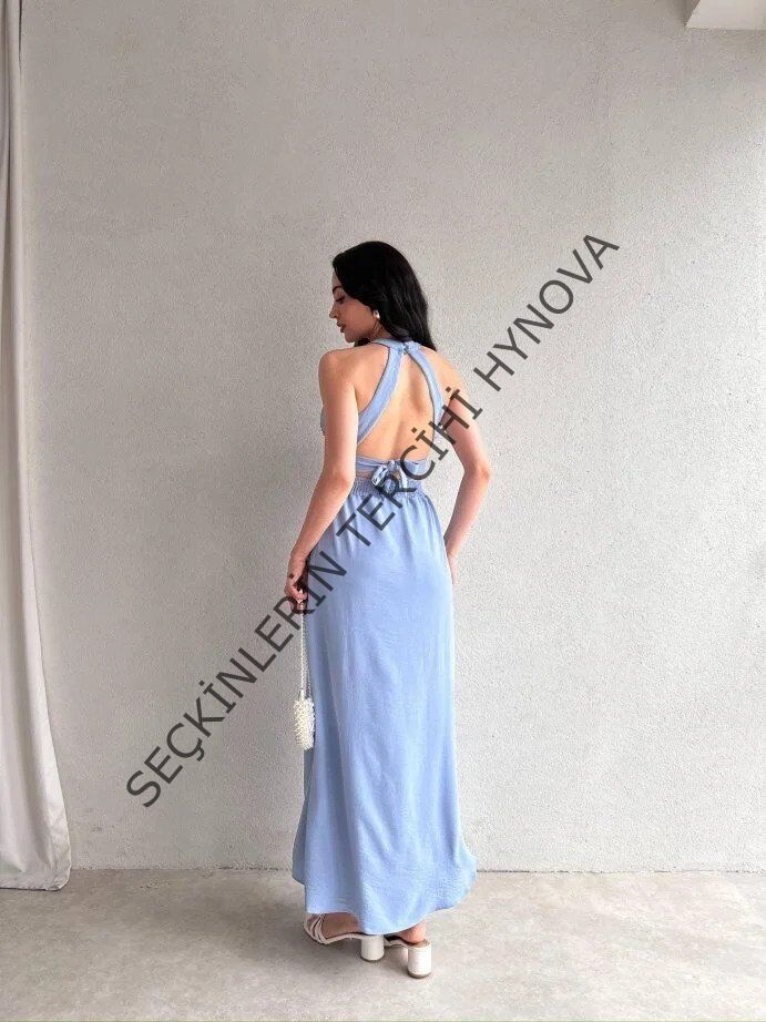 Kadın Krinkil Kumaş Beli Gipeli Halter Yaka Maxi Boy Elbise