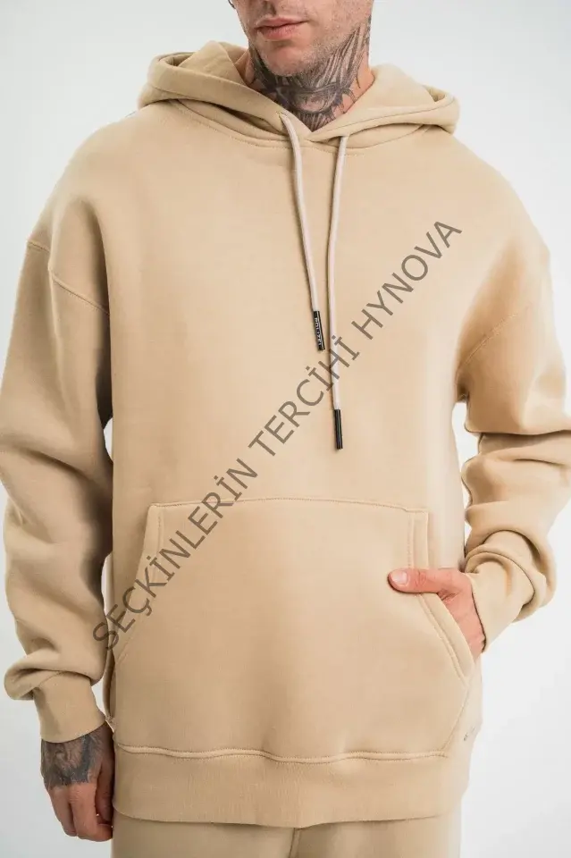 Unisex Double Oversize Kapşonlu Basic SweatShirt - Bej