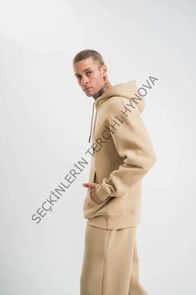 Unisex Double Oversize Kapşonlu Basic SweatShirt - Bej