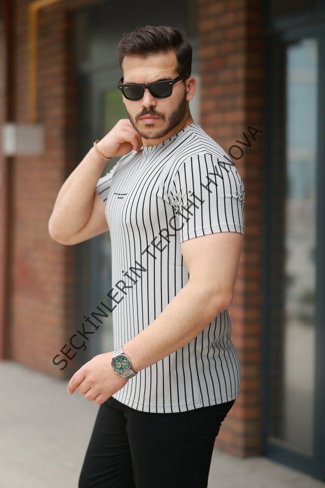 Erkek Dikey çizgili Ottoman Kumaş Kısa Kollu Tişört
