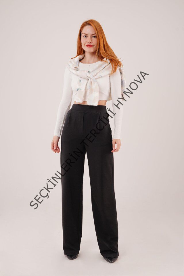 Yüksek Bel Bol Paça Krep Siyah Pantolon