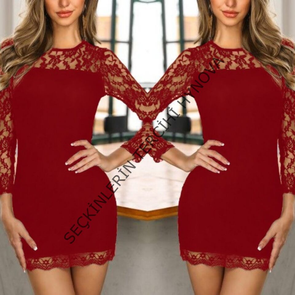 Kadın Göğüs Yukarısı Sırt Ve Kol Tül Detay Krep Mini Elbise