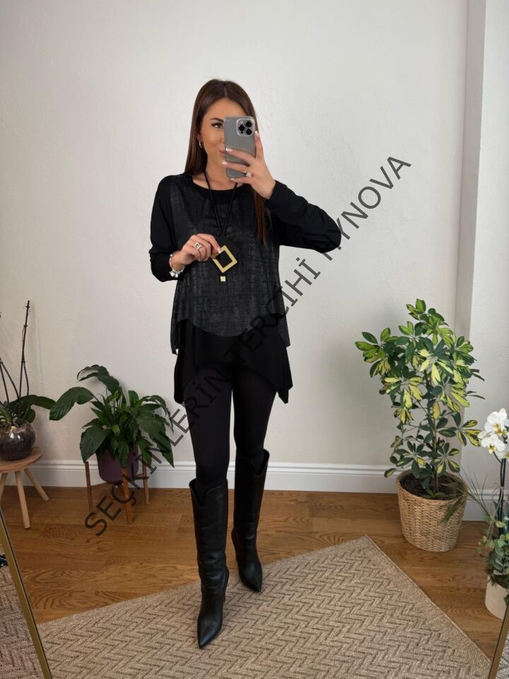 Kadın Siyah Deri Yelekli Kolye Dahil üçlü Takım