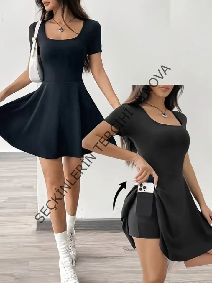 Kadın Kısa Kollu Kare Yaka Short Detaylı Cepli Dalgıç Elbise