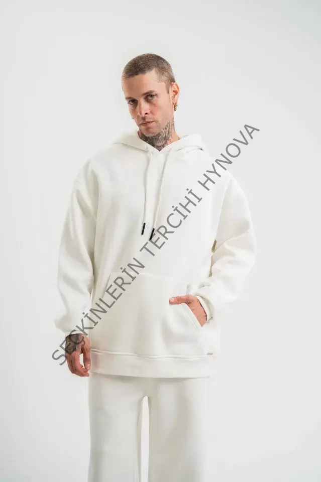Unisex Double Oversize Kapşonlu Basic SweatShirt - Beyaz