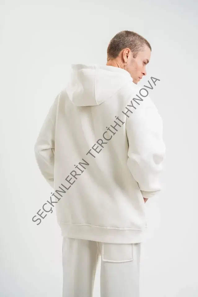 Unisex Double Oversize Kapşonlu Basic SweatShirt - Beyaz