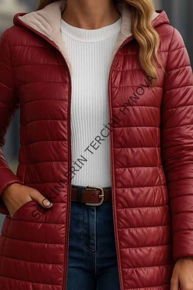 Kadın Uzun Kollu Kapşonlu Cep Detaylı Fermuarlı Orta Boy Mont