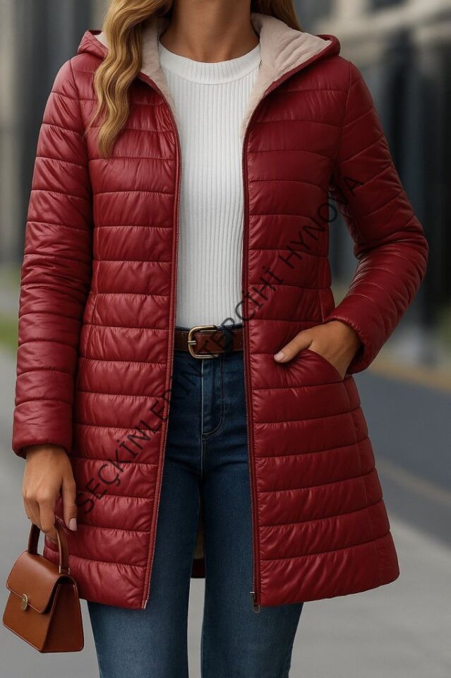 Kadın Uzun Kollu Kapşonlu Cep Detaylı Fermuarlı Orta Boy Mont