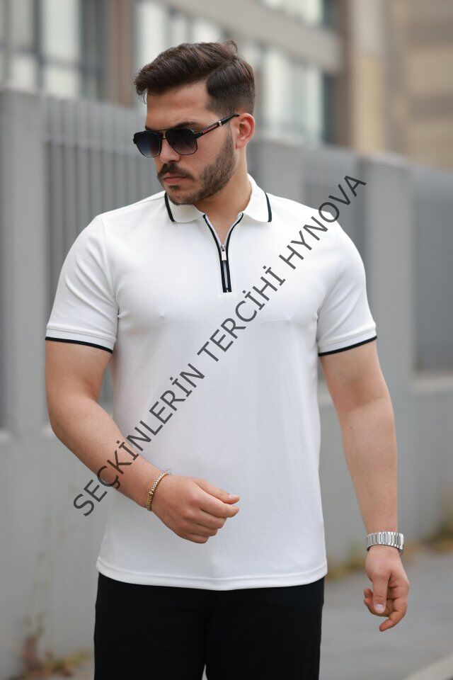 Erkek Fermuar Yakalı çizgi Detaylı Kısa Kollu Tişört