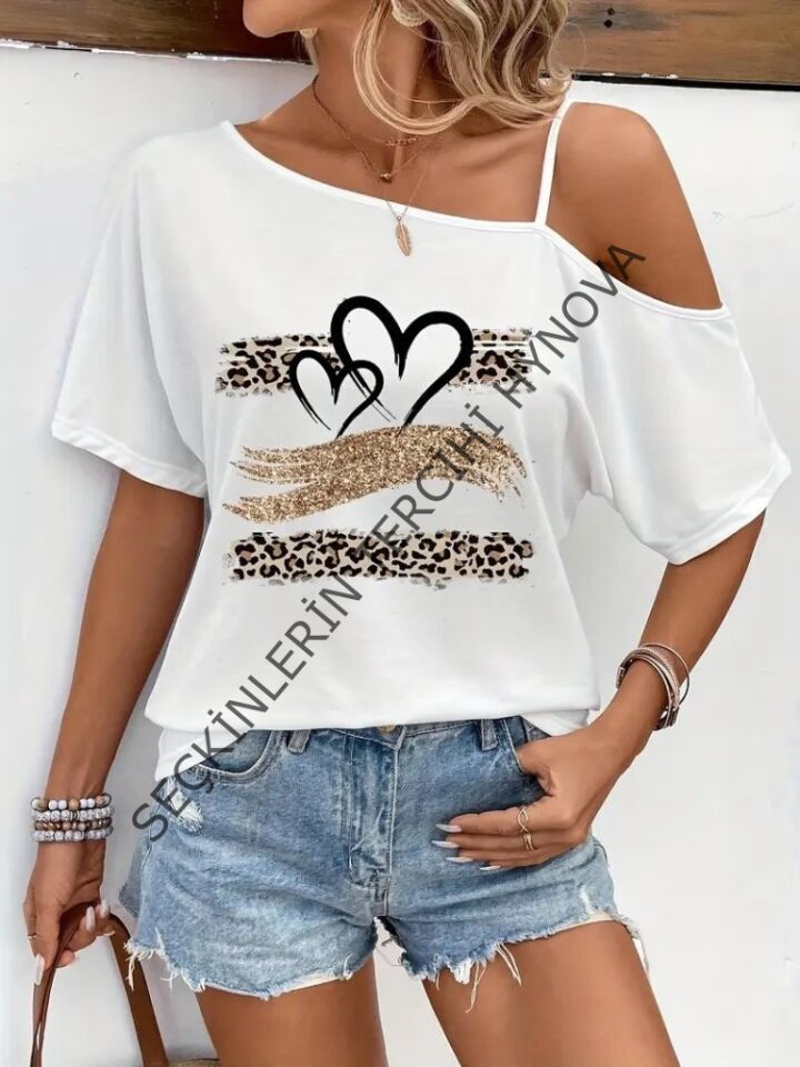 Kadın Tek Omuzu Açık Ip Askılı Baskılı Viskon Bluz