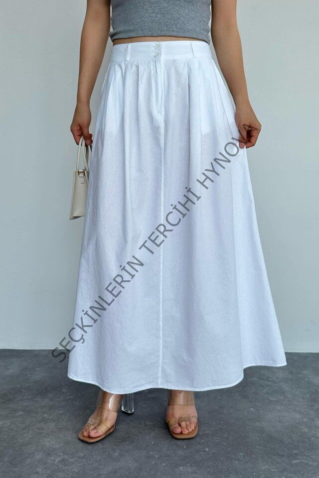 İnce Pileli Düz Etek - Beyaz