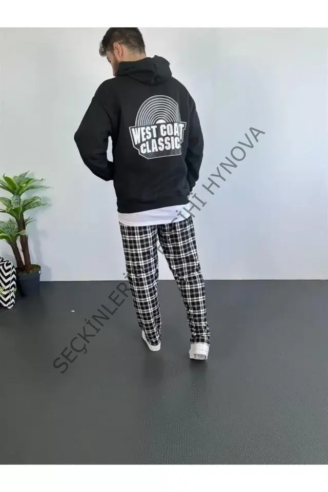 Erkek Sırt Baskılı Kapüşonlu Üç İplik Oversize Sweatshirt - Siyah