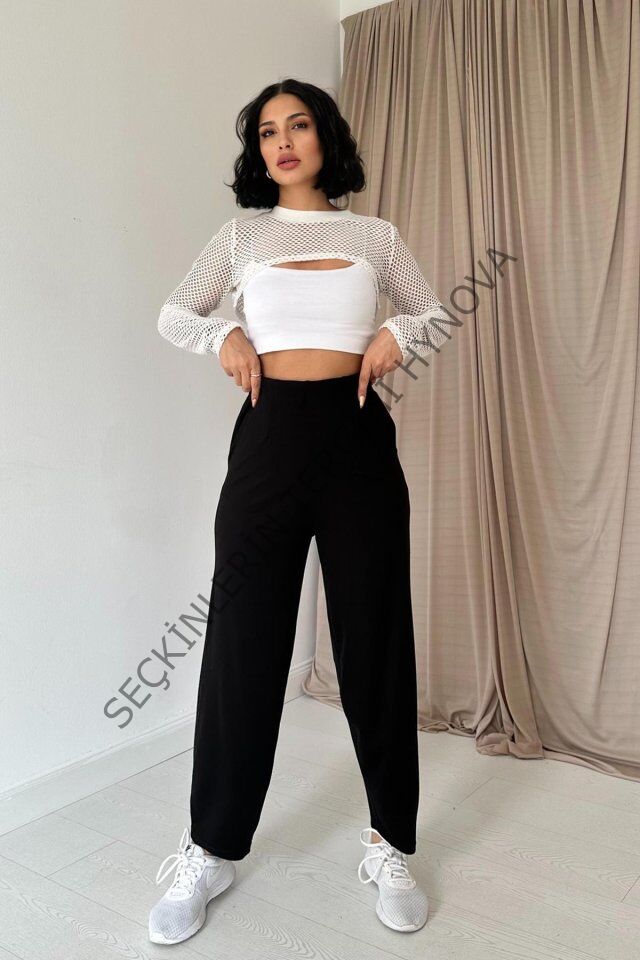 Siyah Pensli Lastik Detaylı Pantolon