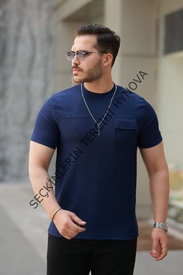 Erkek Cepli Kolyeli Kısa Kollu örme Kumaş Tişört