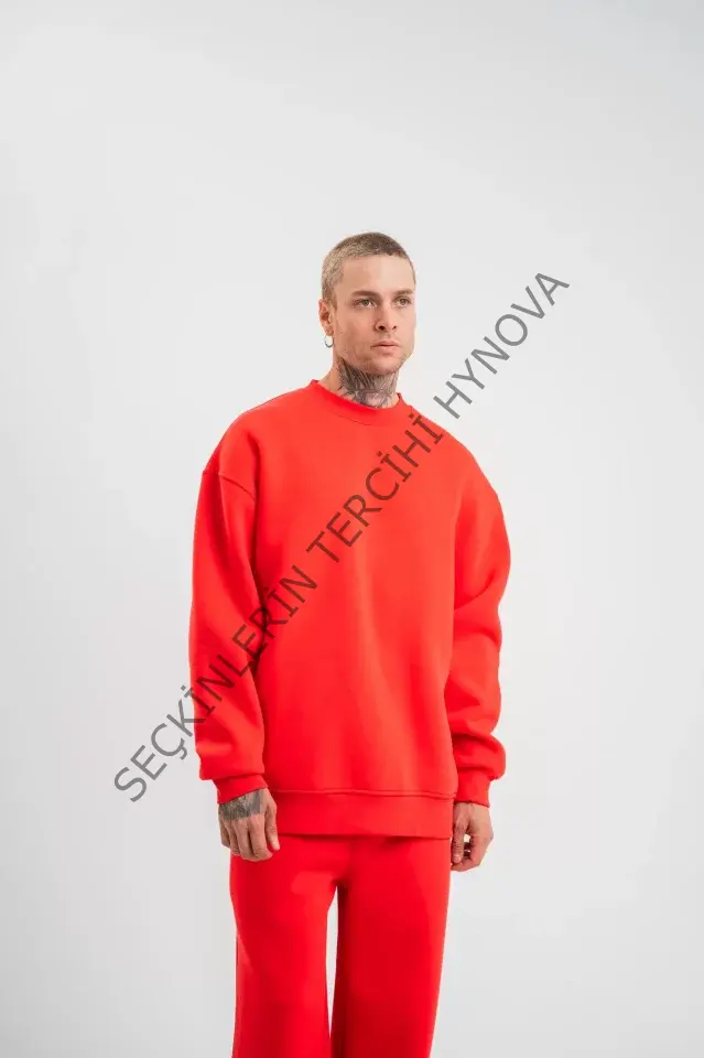 Uzun Kol Bisiklet Yaka Basic SweatShirt - Kırmızı
