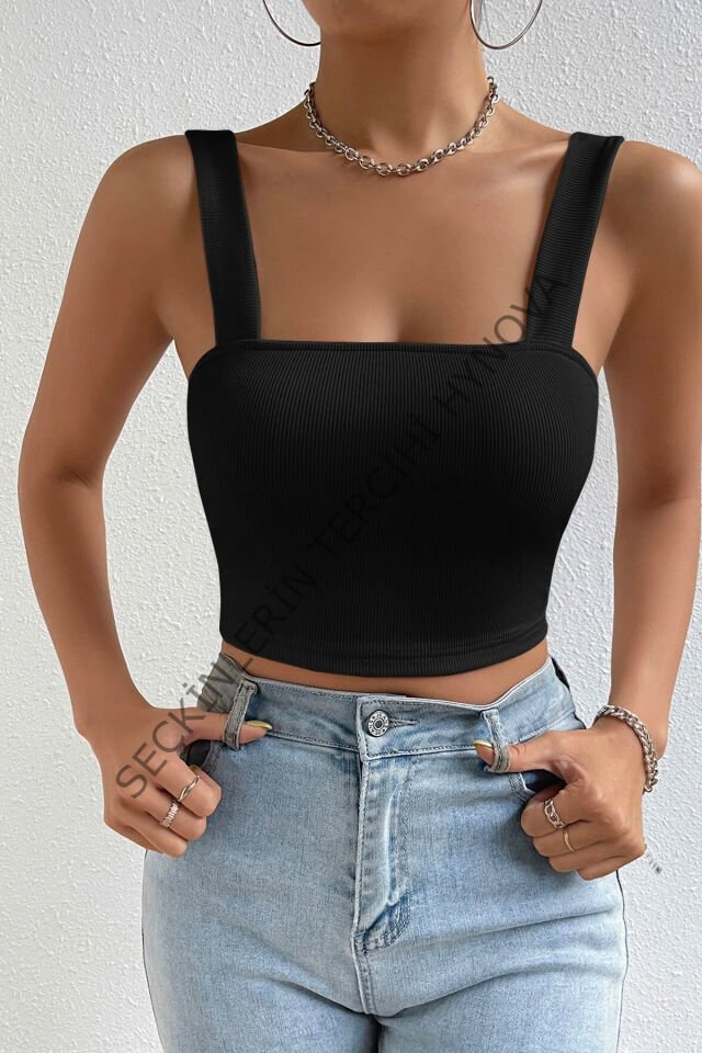 Kadın Siyah Kare Yaka Kalın Askılı Dekolteli Crop Top Bluz – Şık, Rahat ve Kolay Kombinlenebilir