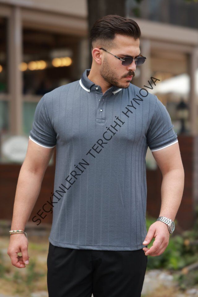 Erkek Düğme Yakalı Jakar Kumaş Kısa Kollu Tişört