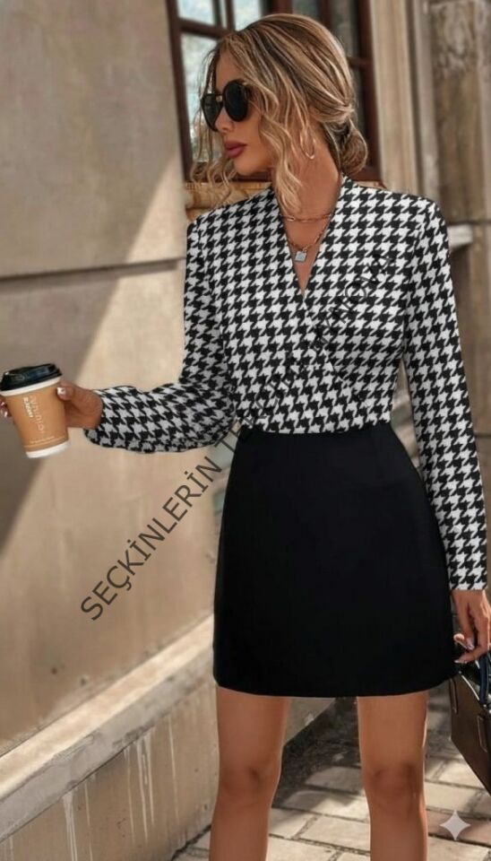 Kadın Uzun Kollu Kruvaze Yakalı üst Dalgıç Alt Ithal Krep Mini Elbise