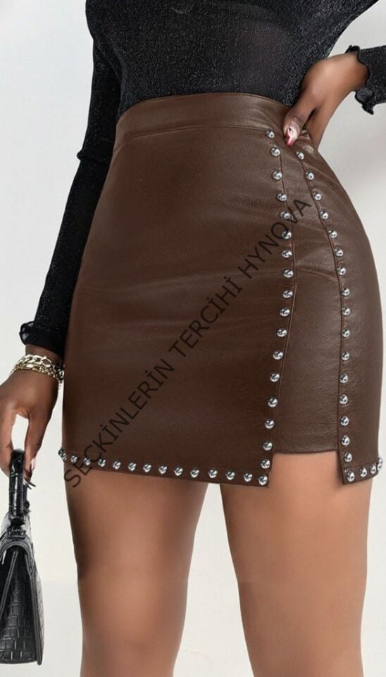 Kadın Yüksek Belli Yandan çivili Mini Deri Etek