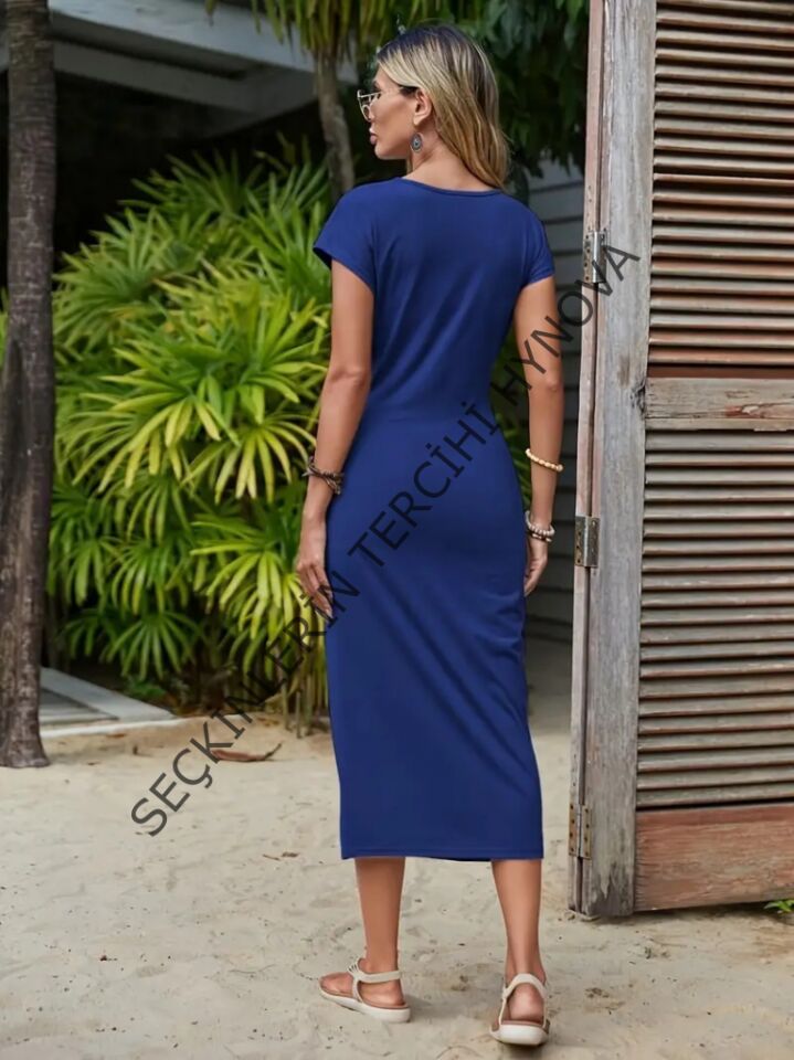 Kadın Kısa Kollu Bisiklet Yaka Yandan Yırtmaçlı Viskon Midi Elbise