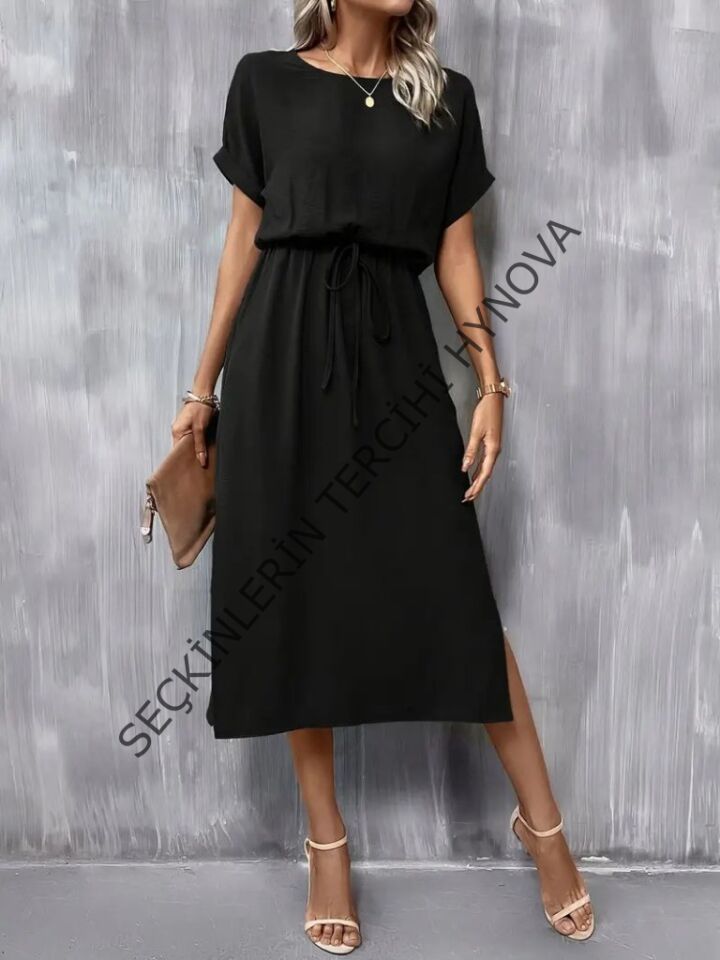Kadın Kısa Kollu Yakası Açık Belden Bağlamalı Yırtmaçlı Viskon Elbise